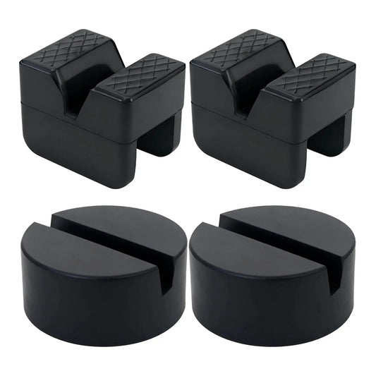 Universal Rubber Jack Stand Pads And Adapters For Pinch Weld Frame Rails 4 Pack, shown with round and square designs