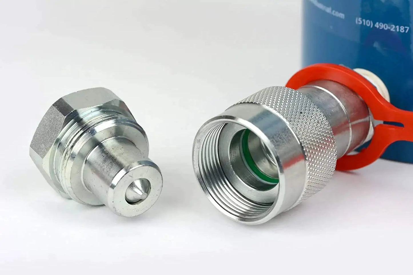 Quick coupler parts for Hollow Hydraulic Cylinder Ram 30 Ton, 4 Inch Stroke, 10000 PSI, shown disconnected on white surface.