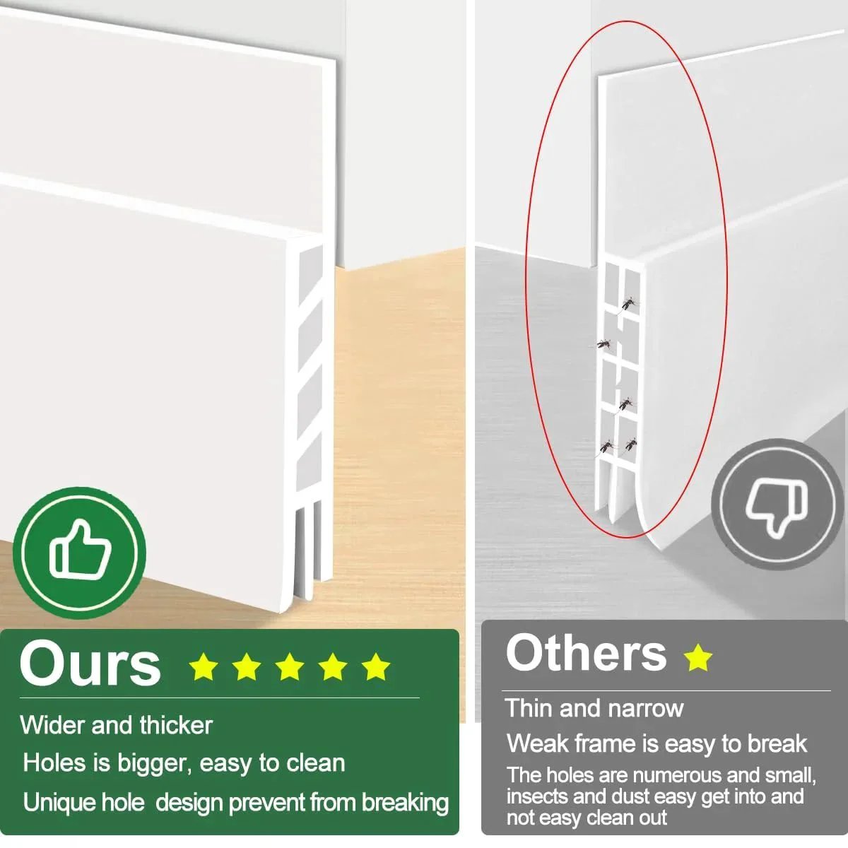 Comparison of wide white draft stopper and narrow version with features highlighted