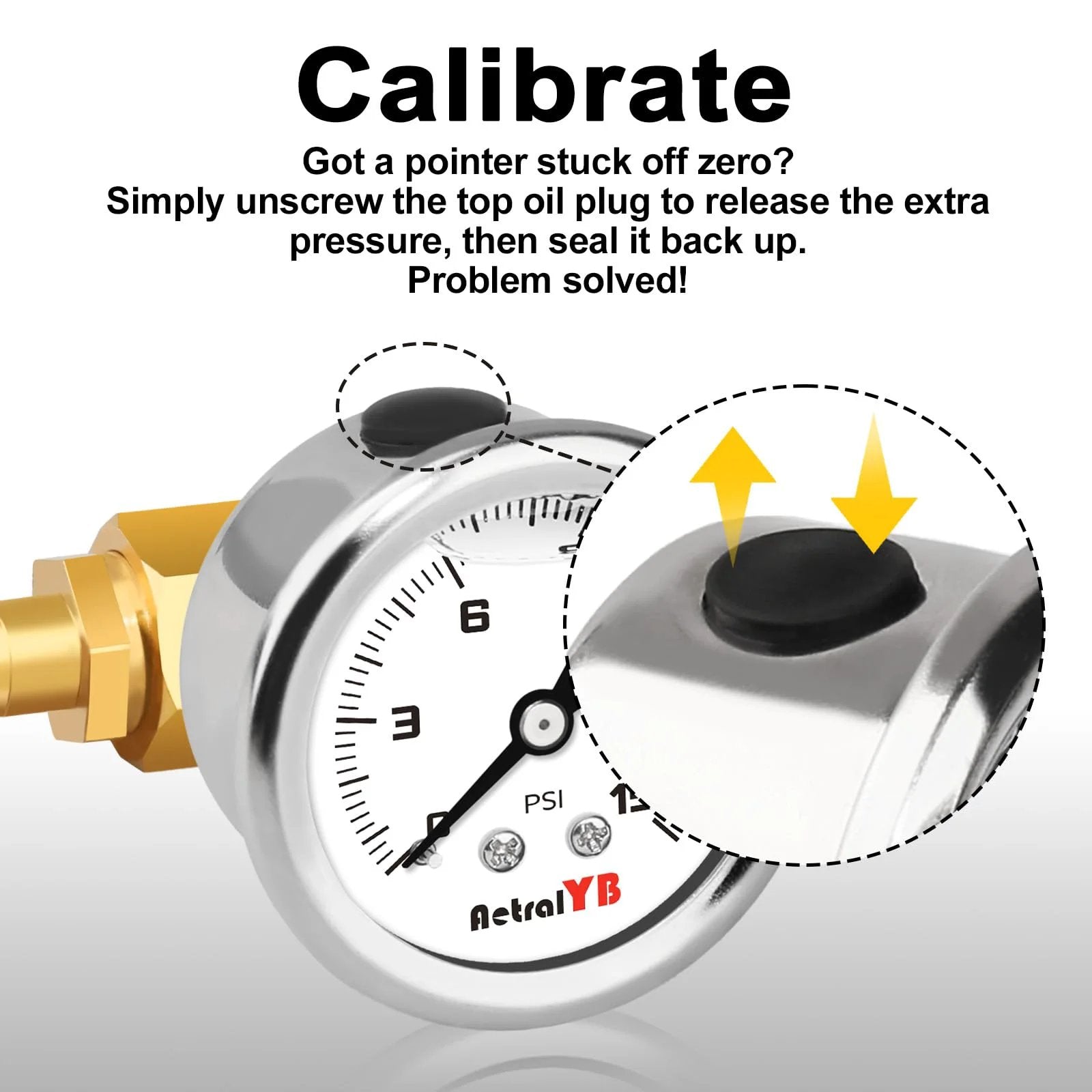 Close-up of Pro Grade Inline Fuel Pressure Test Kit With One And A Half Inch Dial And 0 To 15 Psi Glycerin Filled Gauge showing calibration.