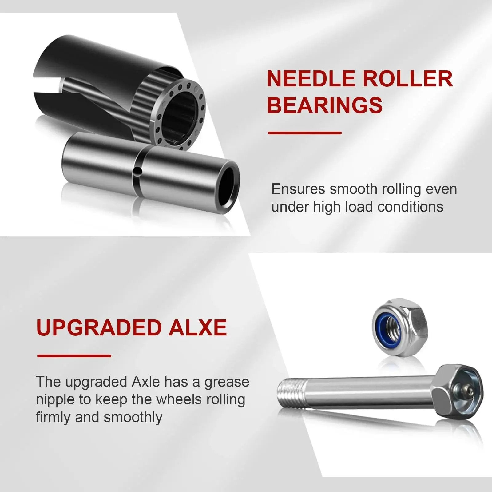 Needle roller bearings and upgraded axle components for 5 Inch Polyurethane Caster Set Of 4 Heavy Duty 3200 Lb Capacity For Tool Carts And Workbenches 2 Swivel With Brakes And 2 Rigid Straight Tracking Industrial Casters With Needle Roller Bearings And Galvanized Steel Frame enhancing smooth rolling.