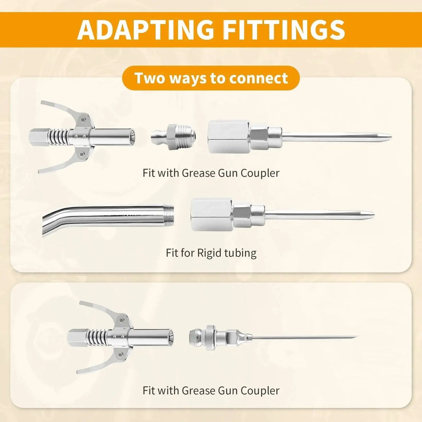 Adapting fittings for grease guns showing connection types with grease gun coupler and rigid tubing