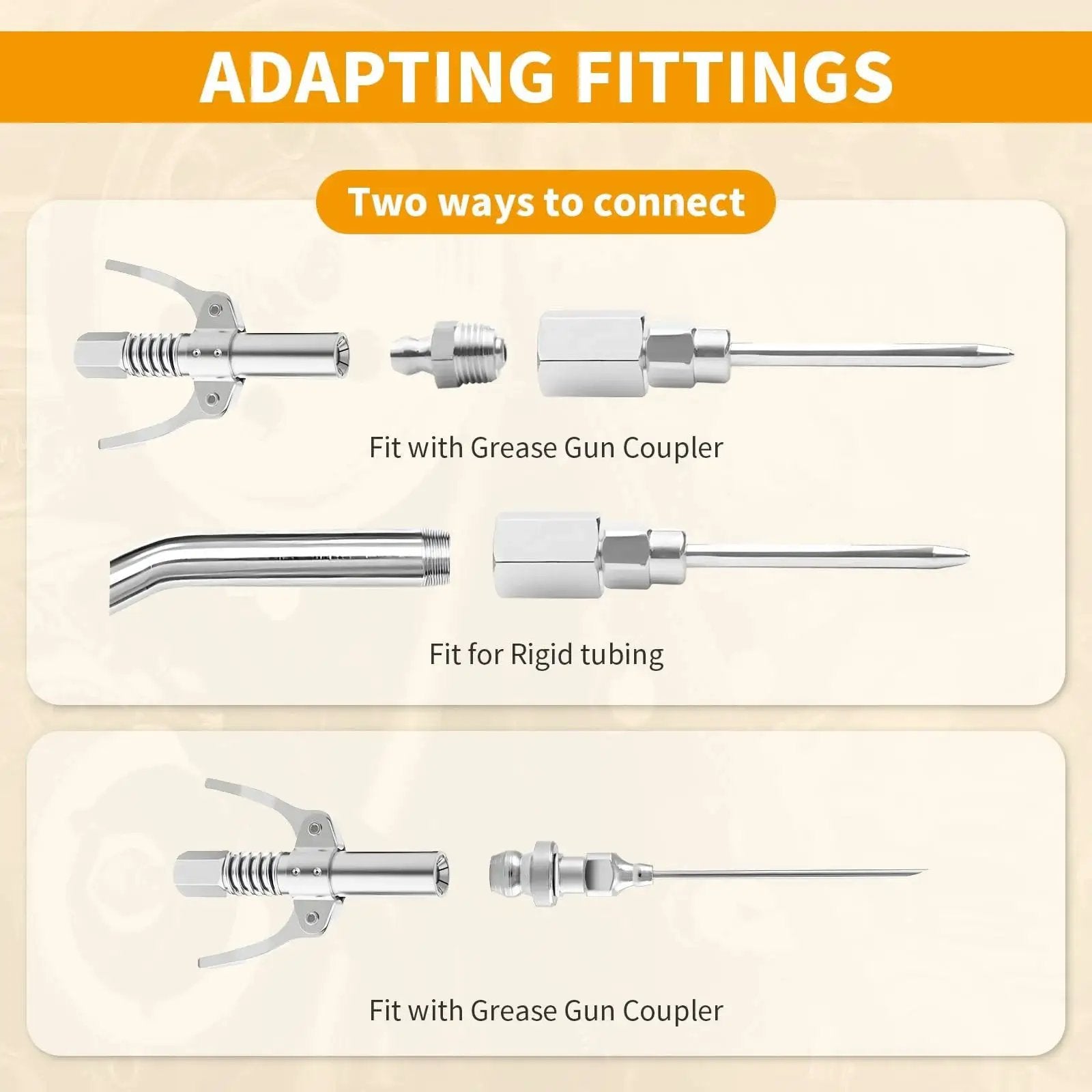 Adapting fittings for grease guns showing connection types with grease gun coupler and rigid tubing
