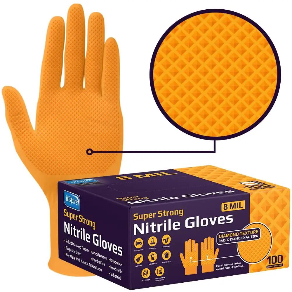 Orange Nitrile Gloves 8 Mil Heavy Duty Diamond Textured Grip Large 100 Count packaging and close-up of diamond texture