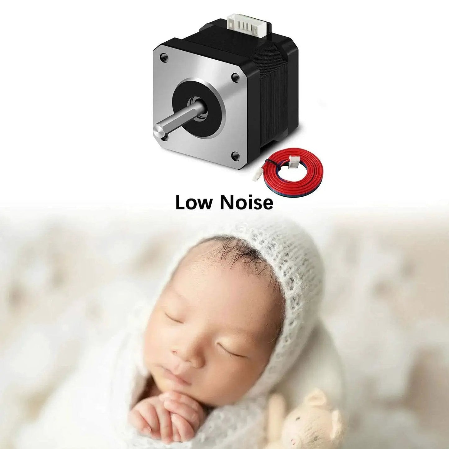 5 Pack Nema 17 Stepper Motors 42x40mm For 3D Printers And CNC Extruders With 39.3 Inch Cable, shown next to sleeping baby to illustrate low noise.