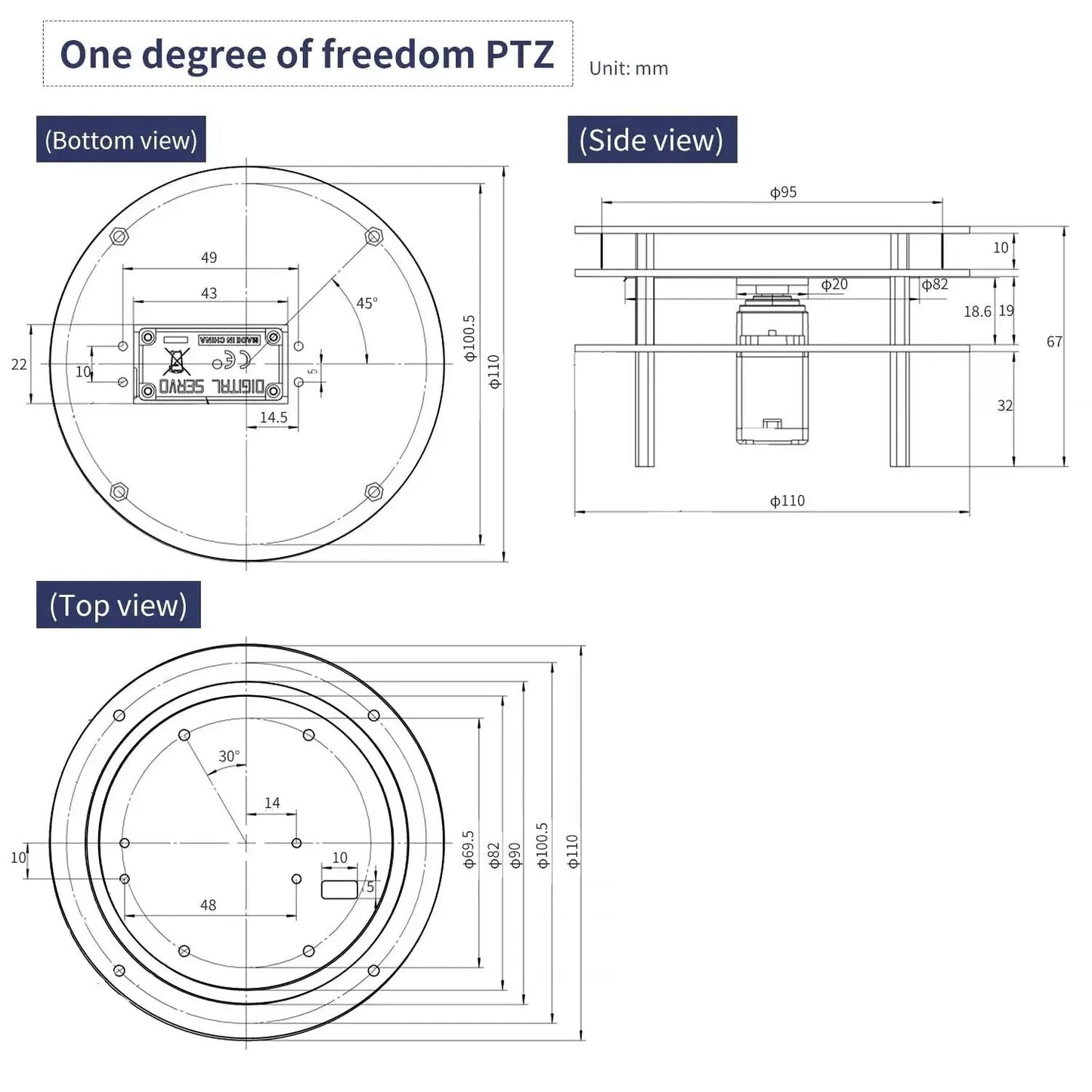 Technical diagram showing bottom, side, and top views of Dope 2-DOF Pan Tilt Servo Kit For DIY Robots And Cameras Aluminum Alloy Gimbal.