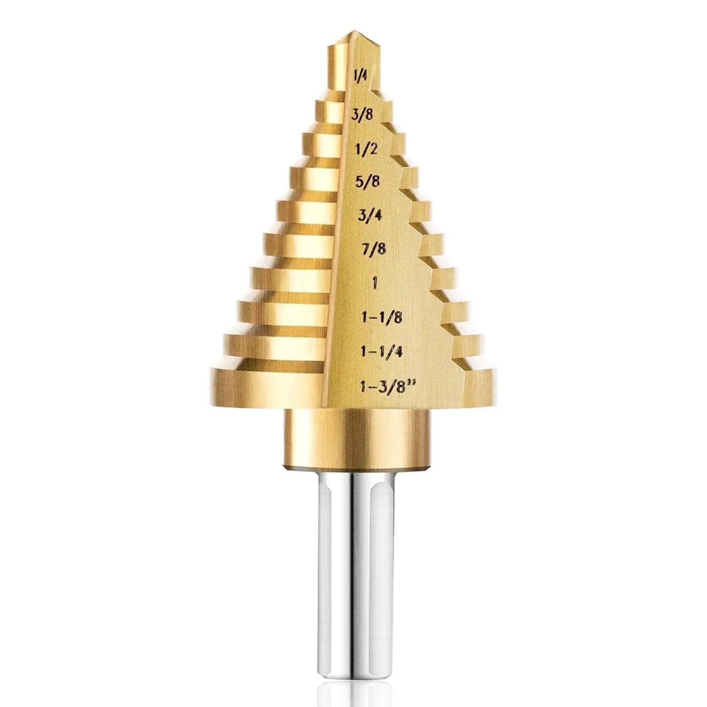 Front view of Titanium Coated HSS Step Drill Bit Set With Ten Sizes From One Quarter Inch To One And Three Eighths Inch Self Centering 118 Degree Split Point Dual Flute Unibit For Drilling Metal And Plastic Sheets.