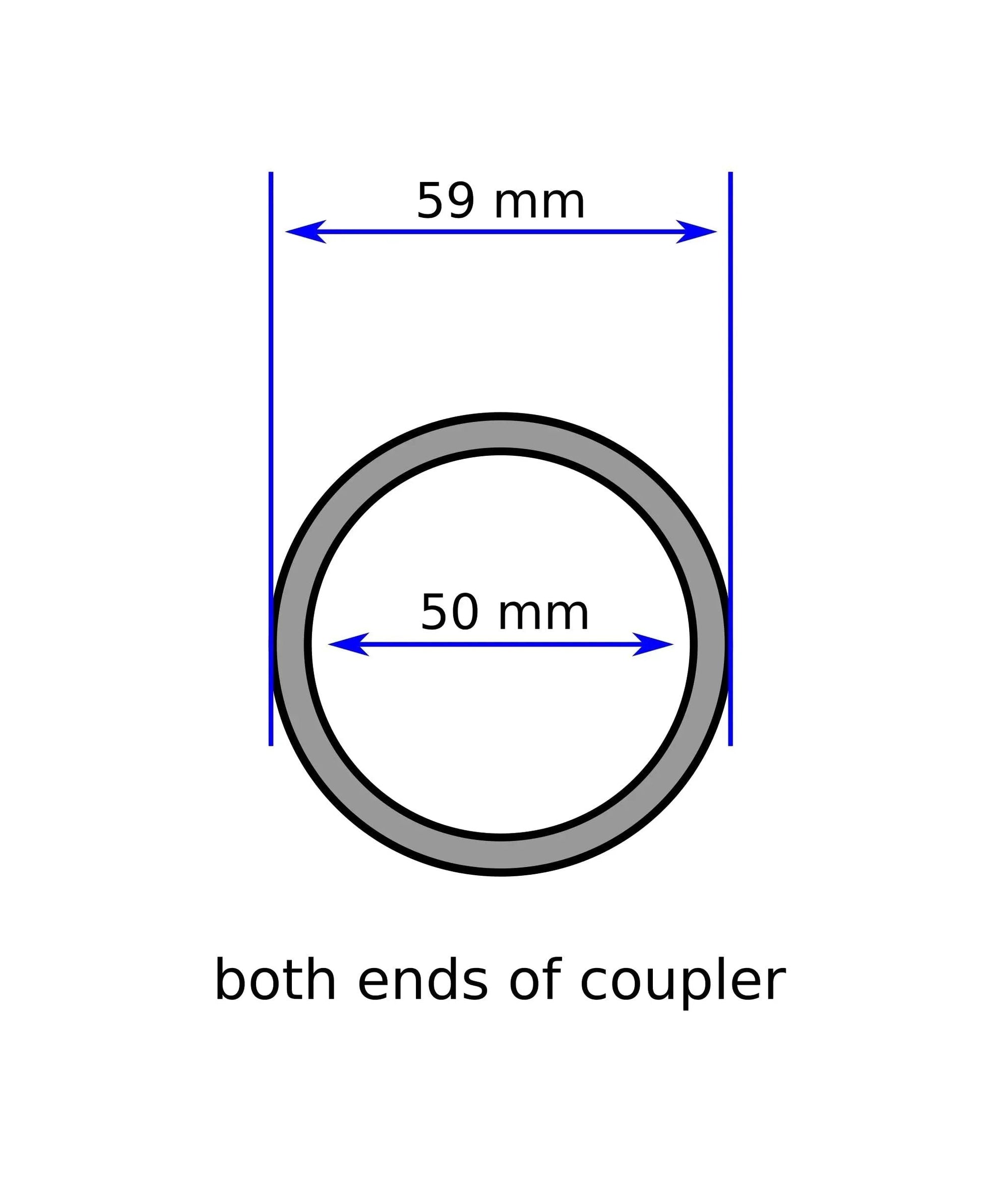 Diagram showing dimensions of Vacuum Hose Coupler Accessory OD 2.2 In ID 2.0 In CCW Thread For A Snug Fit Black.