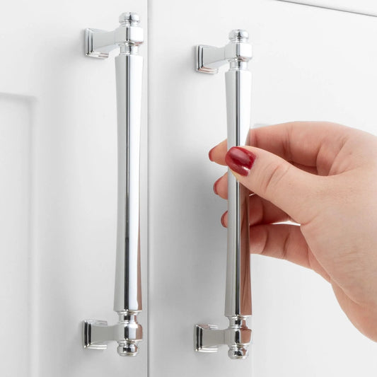 10 Pack 5 Inch Hole Centers Polished Chrome Cabinet Pulls with 1 Inch and 1 1/2 Inch Screws Solid Metal Rust Resistant Hardware for Cabinets Drawers Bedroom Dresser Bathroom Vanity Cupboard Closet