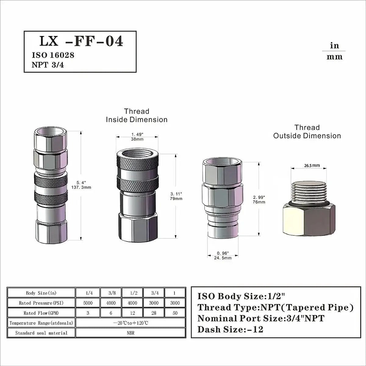Diagram of Flat Face Hydraulic Quick Connect Couplers Set For Skid Steer 3/4 NPT Thread With Dust Caps ISO16028 with dimensions