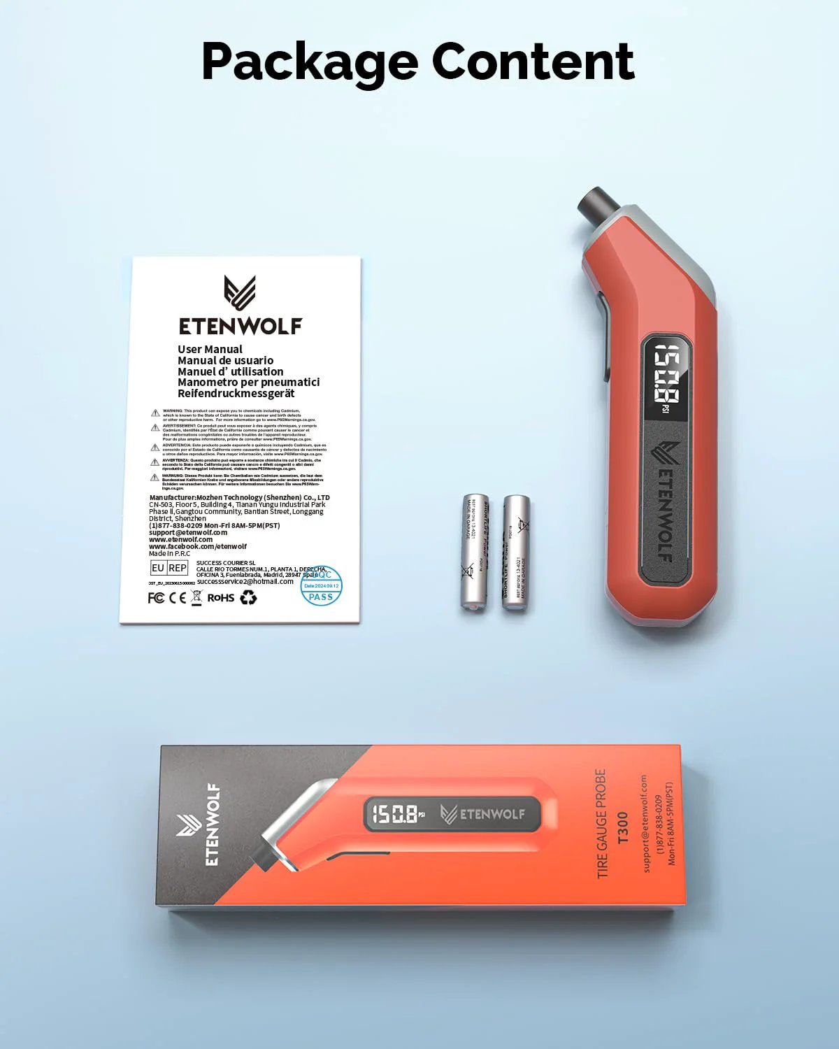 Digital Tire Pressure Gauge 2 Pack for Cars and Trucks with 3 To 200 PSI Range, Industrial Quality Calibrated to ANSI B40.7 Grade 2A With 0.5 Percent Accuracy and Replaceable AAA Batteries Included, Vivid Orange, shown with box and manual.