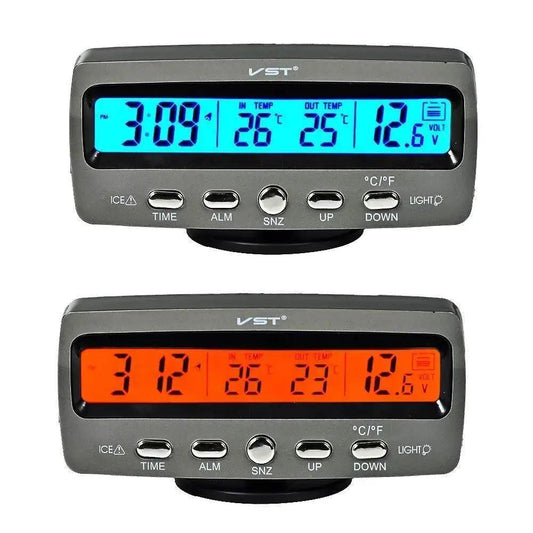 Front view of 4 In 1 Car LED Clock Thermometer Voltmeter With Time Temperature 12V with blue and orange backlights.