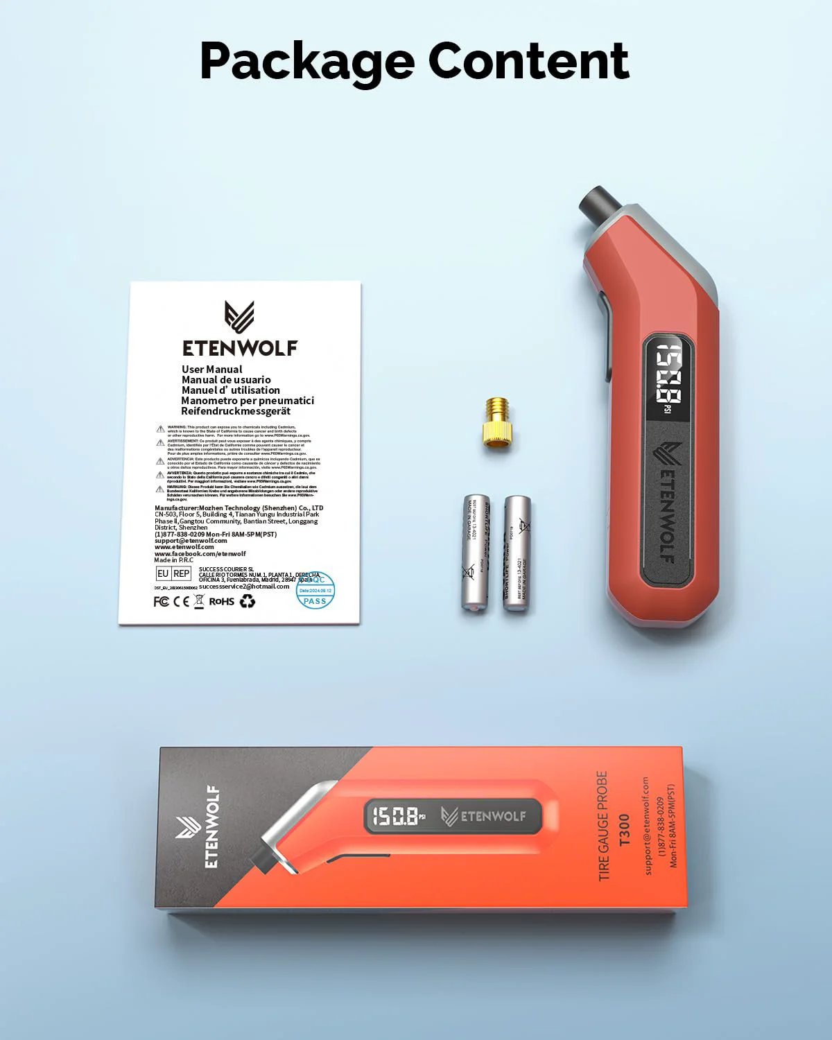 Digital Tire Gauge With Bright LED Display 200 PSI By ETENWOLF T300 Plus Vivid Orange Includes Presta Valve Adaptor And ANSI B40.7 Grade 2A Accuracy For Fast Quick Reads On Cars Bikes SUVs And More Road Trip Ready packaging with accessories.