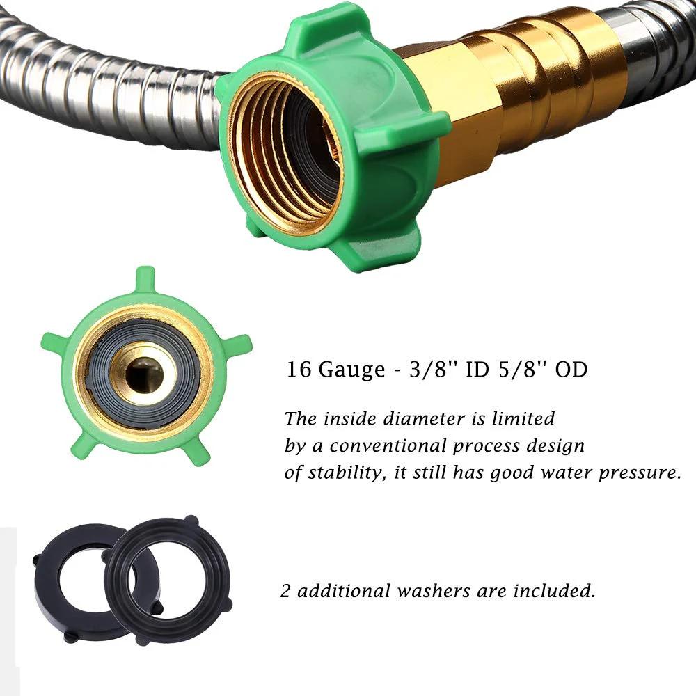 Close-up view of Heavy Duty 304 Stainless Steel Garden Hose Connector, Beaulife 5 Ft Short Water Hose Extension with green fitting and washers