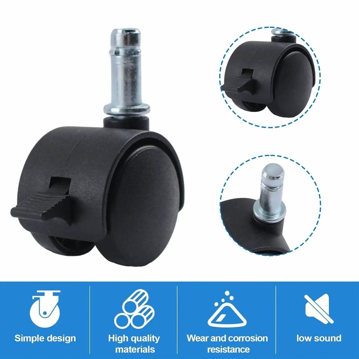 M8 Circlip Stem Caster Wheels Five Pack Heavy Duty Black Nylon Casters With Brakes for furniture, shown close-up