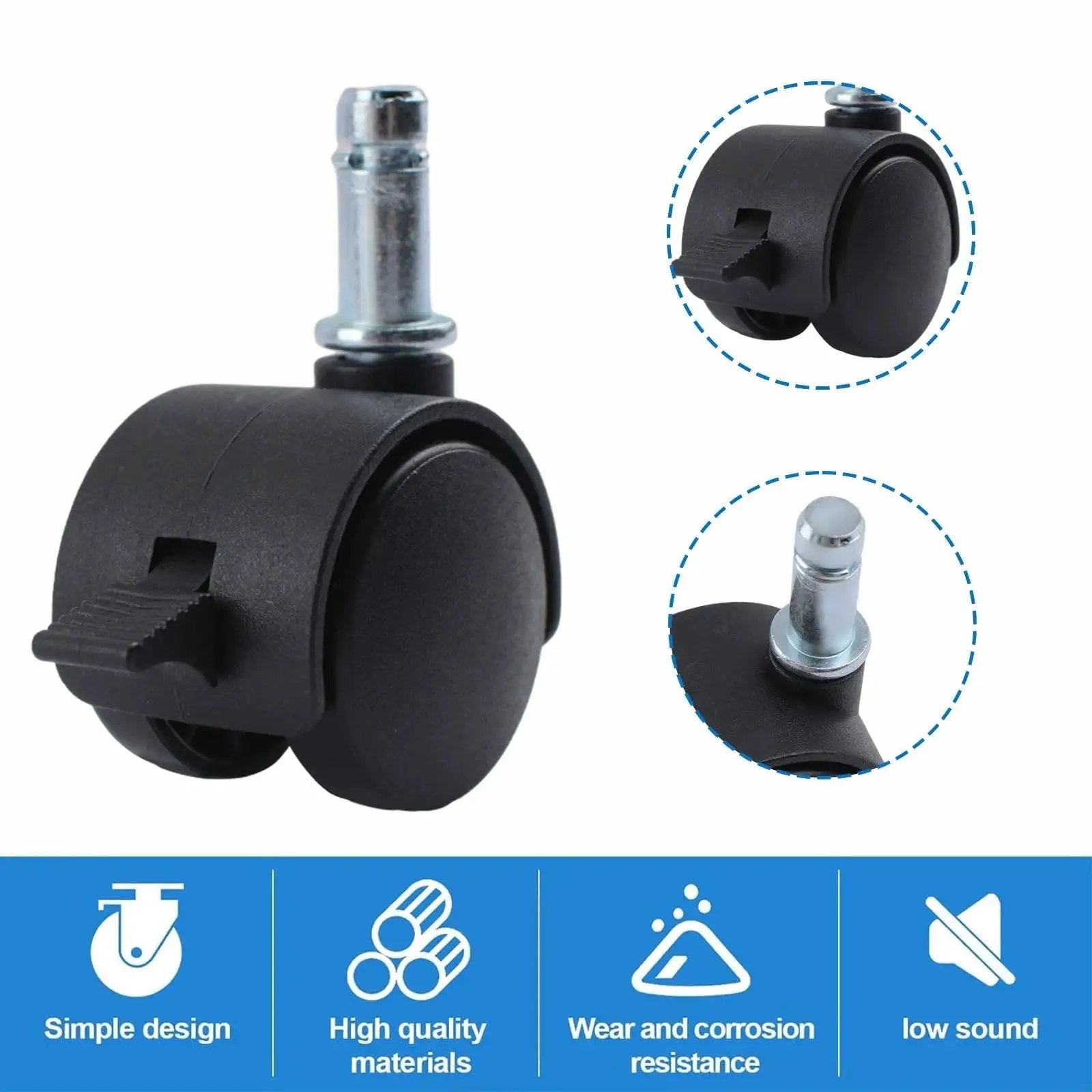 M8 Circlip Stem Caster Wheels Five Pack Heavy Duty Black Nylon Casters With Brakes for furniture, shown close-up