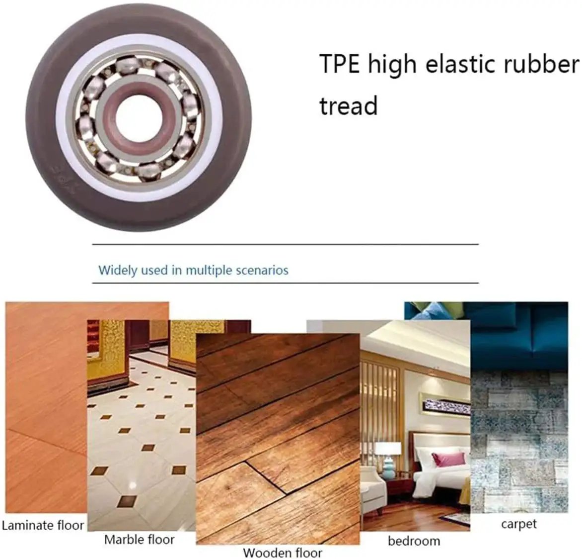 TPE rubber caster wheel for multiple floors including laminate, marble, wood, bedroom, carpet; 1 Inch M6 Threaded Stem Casters Set Of 4 Heavy Duty Swivel Wheels With Brakes For Furniture And Small Carts TPE Rubber Quiet Rolling 360 Degree Rotation Caster Wheels For Cabinets Tables Wire Shelving Standing Desks And Tiny Trolleys.