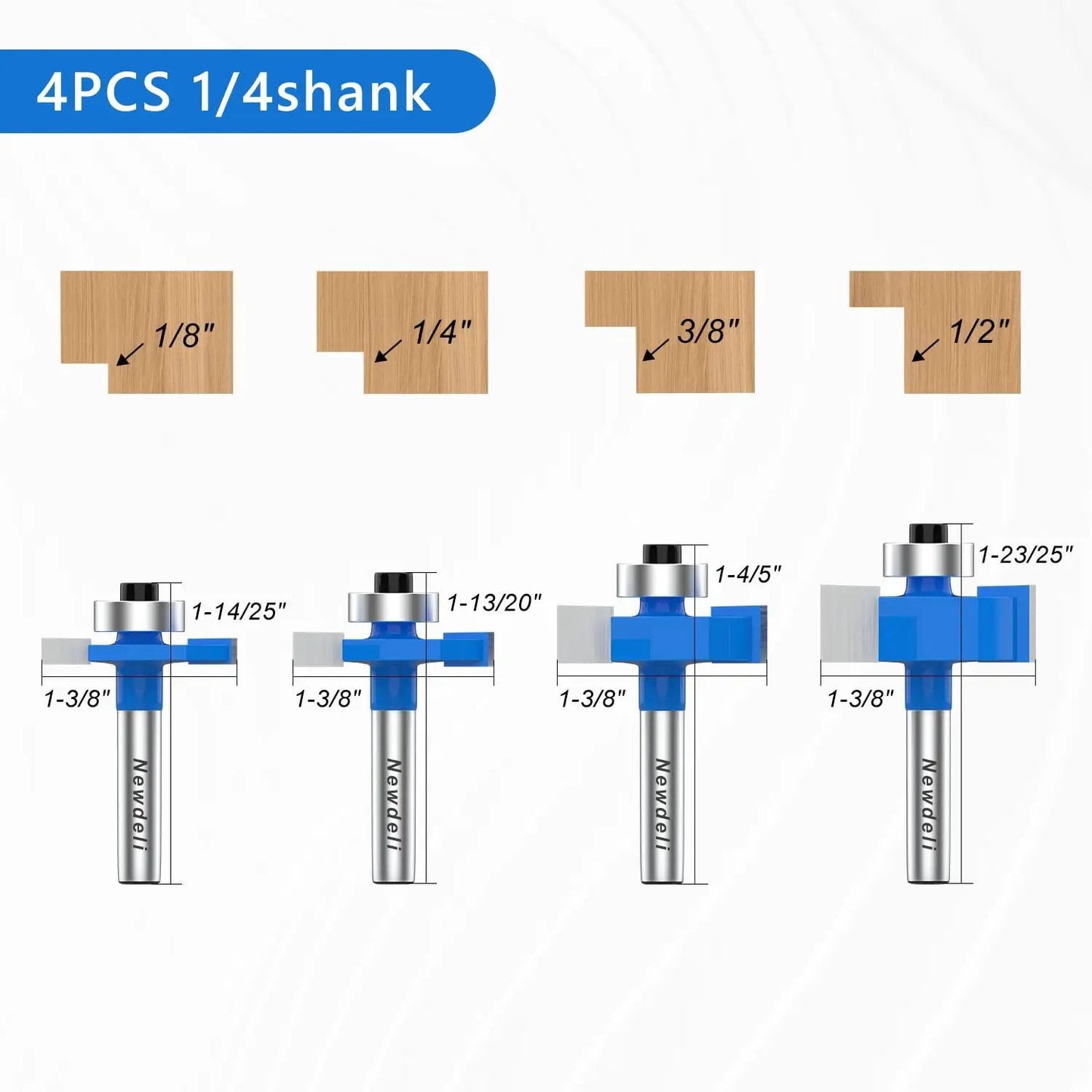Rabbet Router Bit Set With One Quarter Inch Shank Includes Four Cutting Heights And Six Interchangeable Bearings For Depths In Easy To Use Woodworking Kit Built With YG8 Carbide Blade For Precise Rabeting And Biscuit Slot Cutting, showing four bits with different cutting heights and labeled shank size of 1/4 inch.