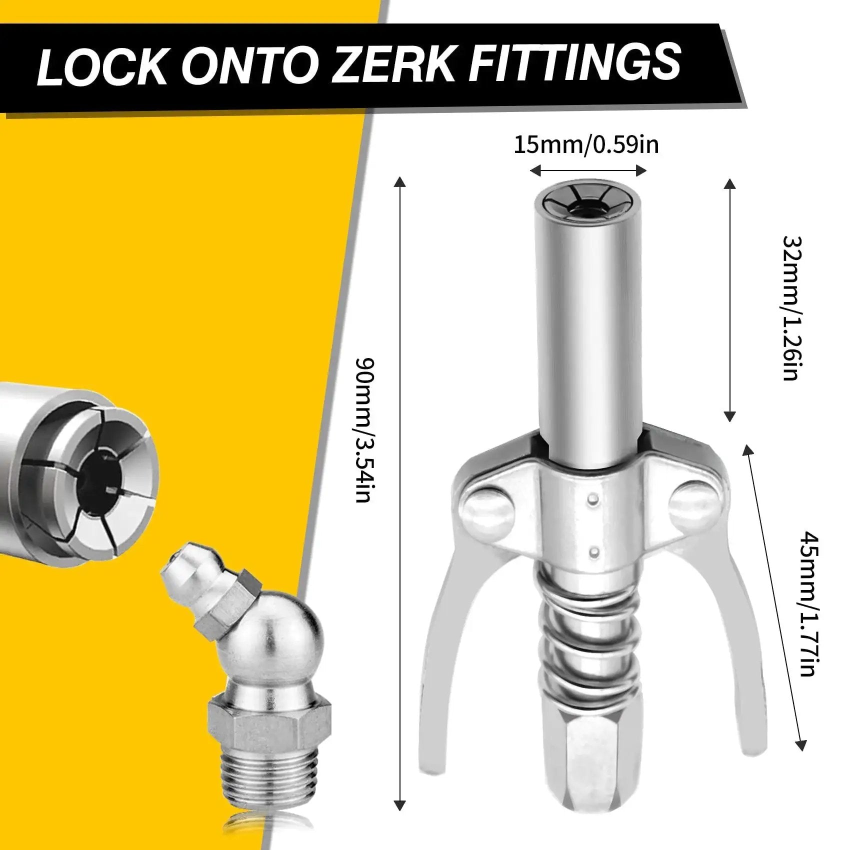 Grease Gun Coupler With Double Handle Quick Lock Release, Six Jaw Design for a Beefy No Slip Seal, Zinc Coated, 10k PSI Rated, Compatible with All Grease Guns, One Eighth Inch NPT Fittings, One Piece, dimensions shown on diagram.
