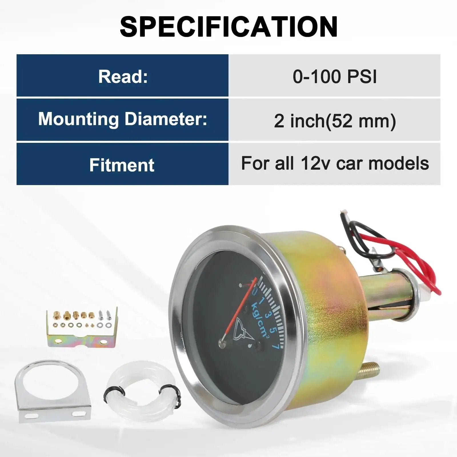 Oil Pressure Gauge Kit 0-100 PSI For All 12V Cars Universal Fit 2 Inch Dial 52mm Chrome Black With Night Light Illumination