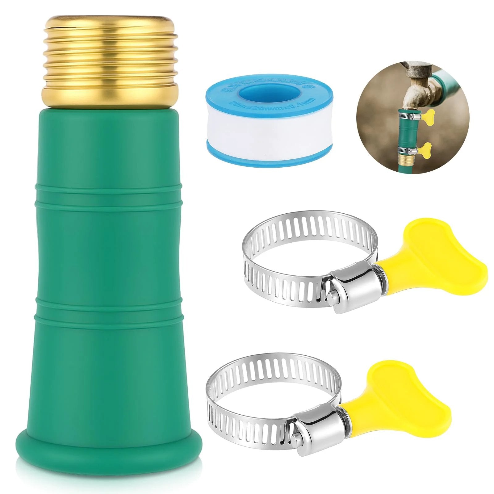 Universal Faucet Water Hose Adapter Kit With Clamps For Three Quarter Inch Thickened RV Sink Hose Attachment Connector For Damaged Or Stripped Faucet Threads Or Threadless Brass Head Adapter Stainless Clips Reinforcement Tape By Innconee displayed with components, silicone sleeve, clamps, tape.