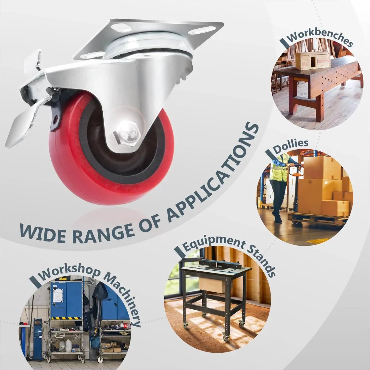 Set Of 4 2 Inch Swivel Casters With Two Brakes And Two Non Locking For Furniture Carts Dollies And Workbenches Heavy Duty Plate Casters With 400 Lb Load Capacity And Red Polyurethane Wheels For Smooth Floor Friendly Rolling displayed with application examples