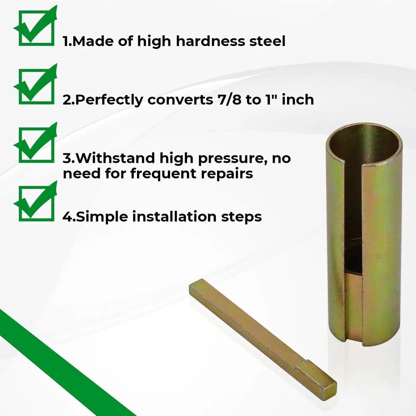 Crankshaft Adapter Straight Shaft Converter From Seven Eighths Inch To One Inch For Generators And High Pressure Washer Engines, steel adapter and bushing with features listed on side