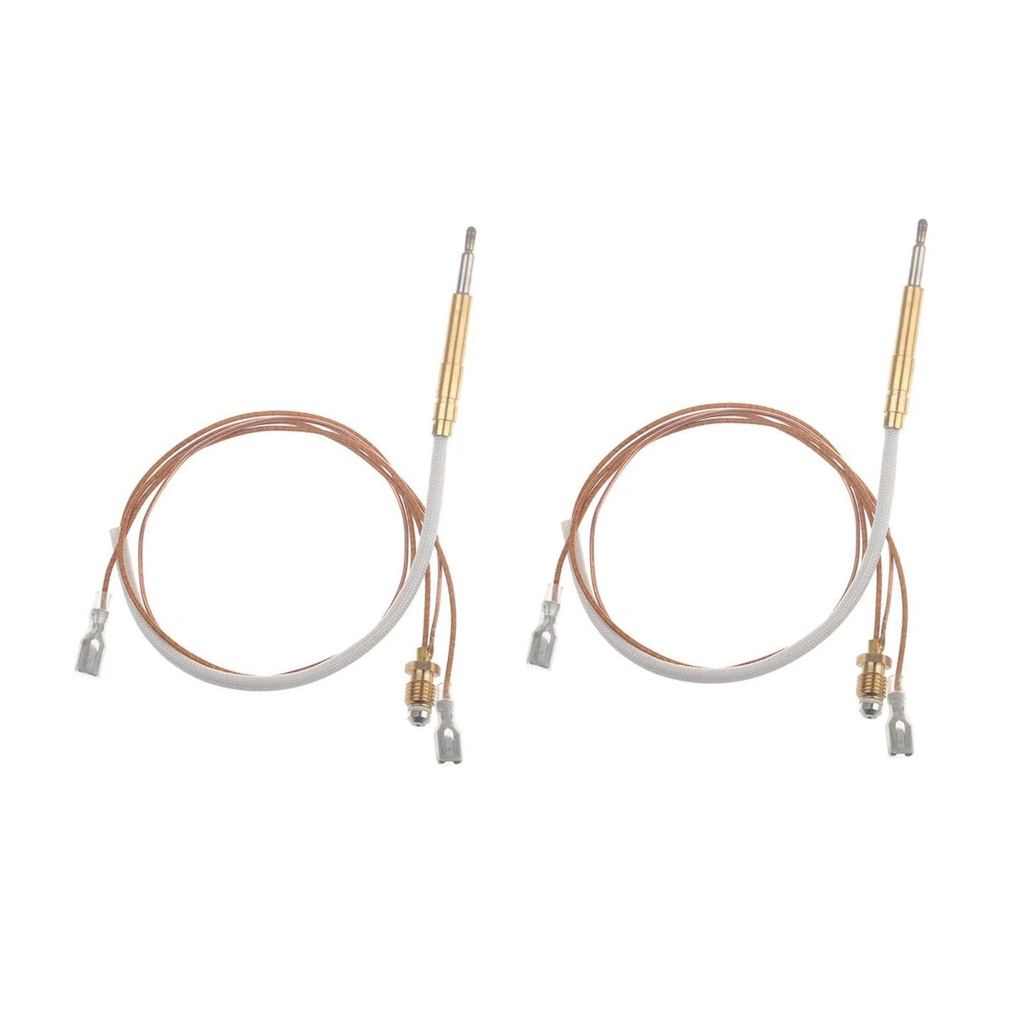 Longer 23.5 Inch Thermocouple Replacement For Outdoor Patio Heaters 2 Pack Universal Fit Durable Safety Sensor For Propane Gas Heaters Works With Most Brand Patio And Garden Heaters Timsec. Two coiled copper thermocouples with metal connectors.