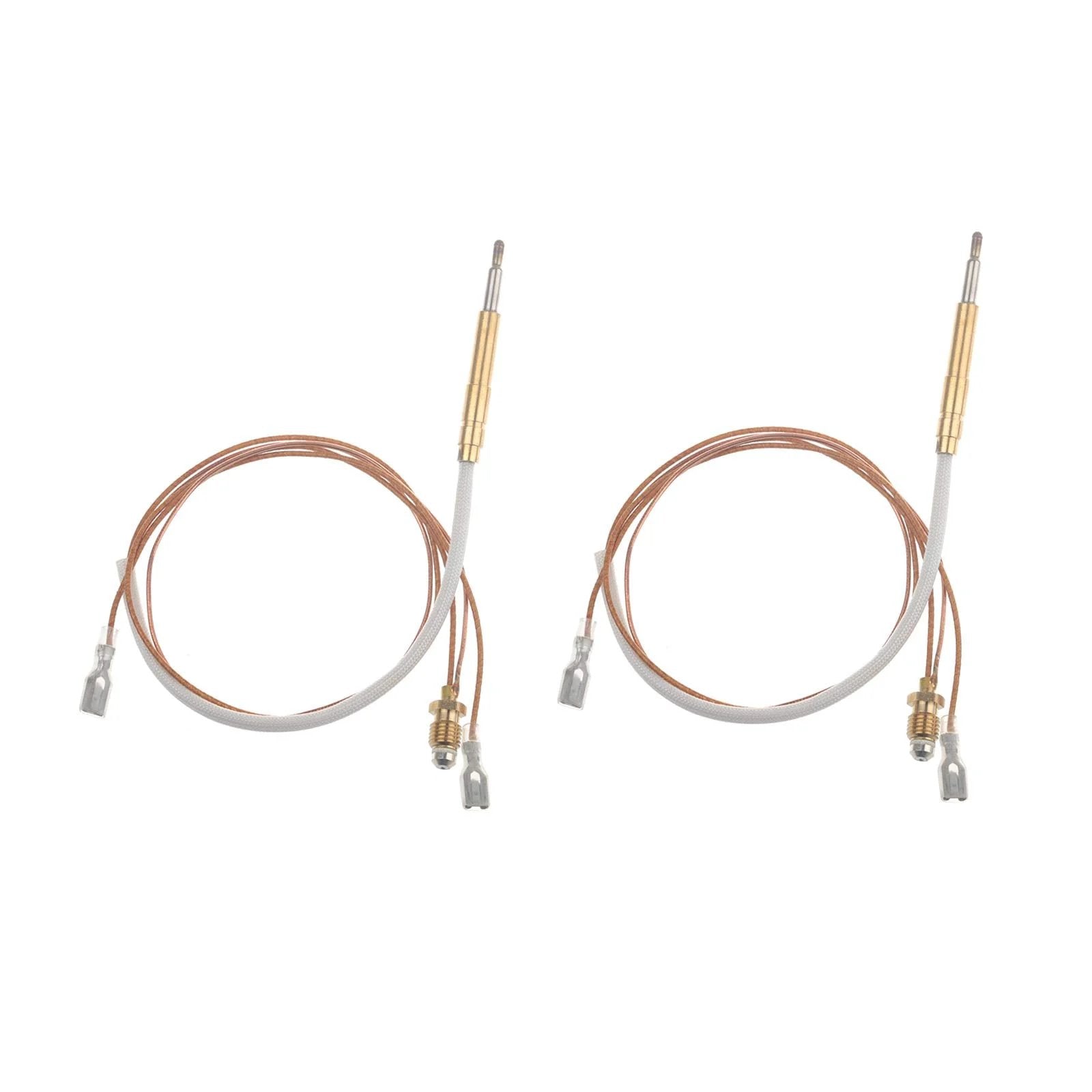 Longer 23.5 Inch Thermocouple Replacement For Outdoor Patio Heaters 2 Pack Universal Fit Durable Safety Sensor For Propane Gas Heaters Works With Most Brand Patio And Garden Heaters Timsec. Two coiled copper thermocouples with metal connectors.