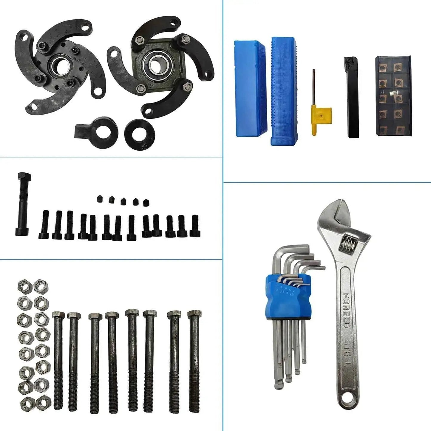 Assorted bolts, nuts, Allen keys, spanner, and drill bits for Workshop Ready 110V Hole Drilling Machine For Engineering Machining Delivers 45 To 180 Mm Hole Range 380 Mm Travel 1500W Power Industrial Heavy Duty Pipe Boring Rig Pro Grade For Precise Maintenance And Complex Workpieces Beilockery