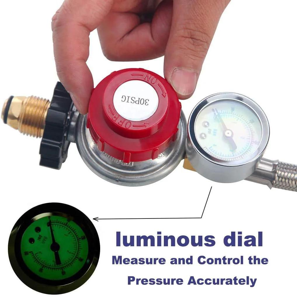 High Pressure Propane Regulator With Gauge And 12 Ft Stainless Steel Braided Hose Adjustable 0 To 30 PSI POL Connector