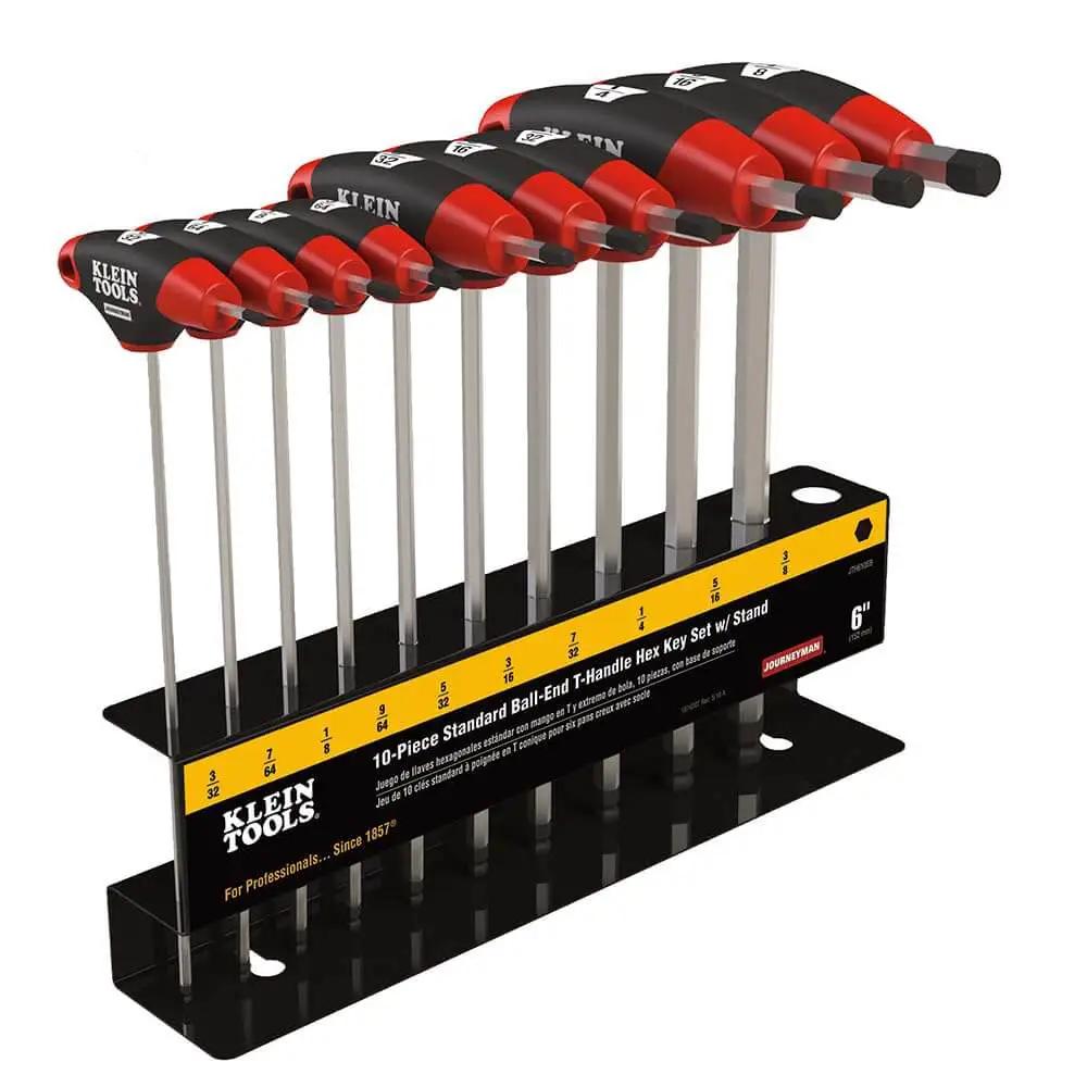 Ball End Hex Key Set With 6 Inch Blades For Angled Access And Tight Spots 10 Piece SAE Inch Wrench Kit With Stand Pro Grade Journeyman Dual Material Handles Rust Resistant Treated Steel Double Ended Keys Klein Tools