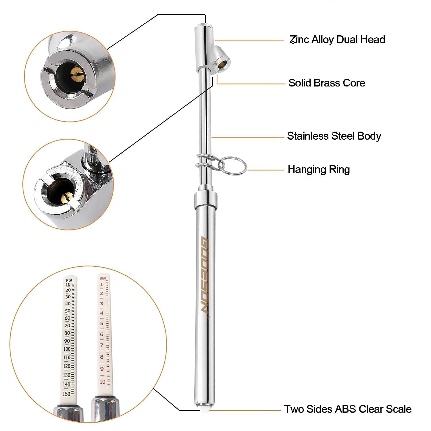 Dual Head Tire Pressure Gauge Pack of 2 Godeson Heavy Duty 10 to 150 PSI with dual head, scale, zinc alloy, steel, brass details