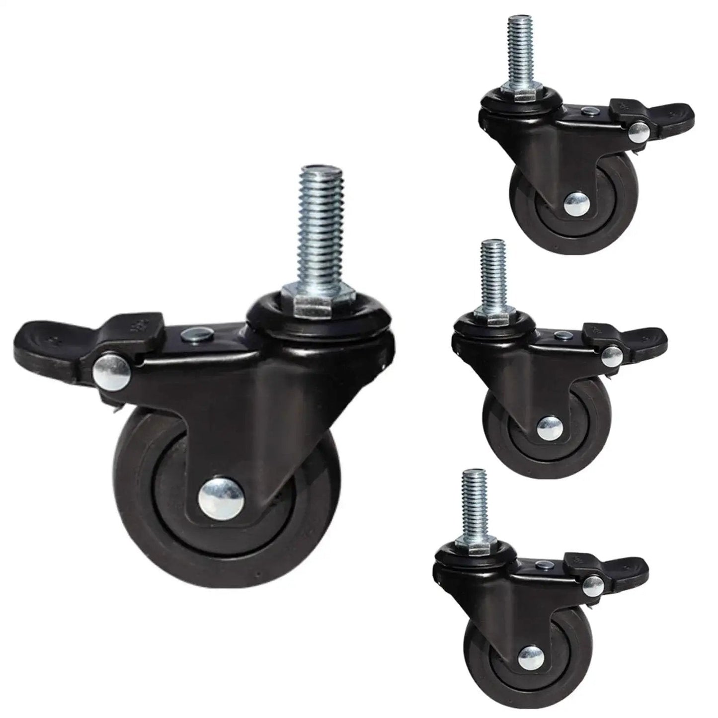 1 Inch Mini Swivel Caster Wheels Set With M6x15mm Threaded Stem Silent TPE Rubber Brake Rollers For Light Furniture And Small Trolleys, 4 Pack