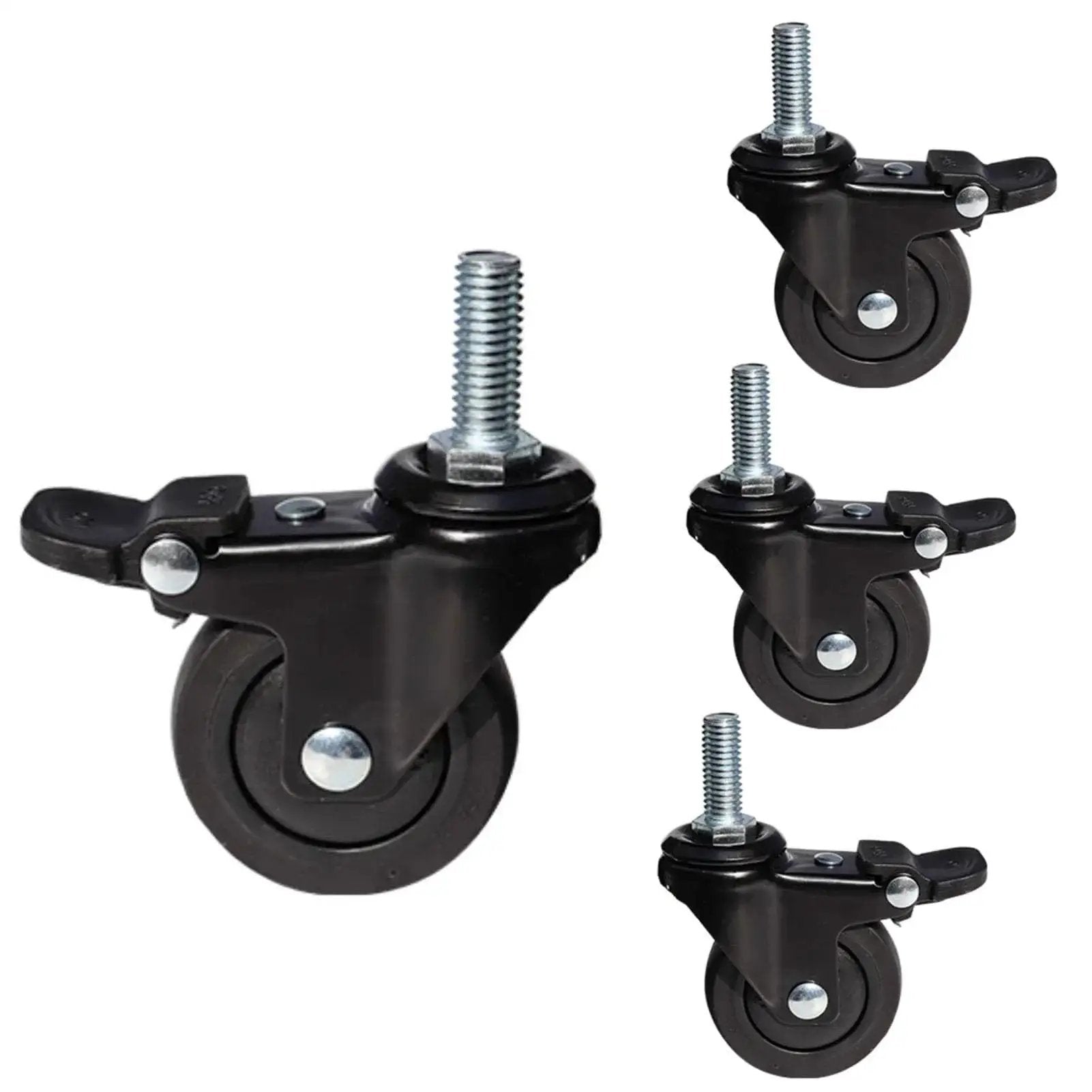 1 Inch Mini Swivel Caster Wheels Set With M6x15mm Threaded Stem Silent TPE Rubber Brake Rollers For Light Furniture And Small Trolleys, 4 Pack