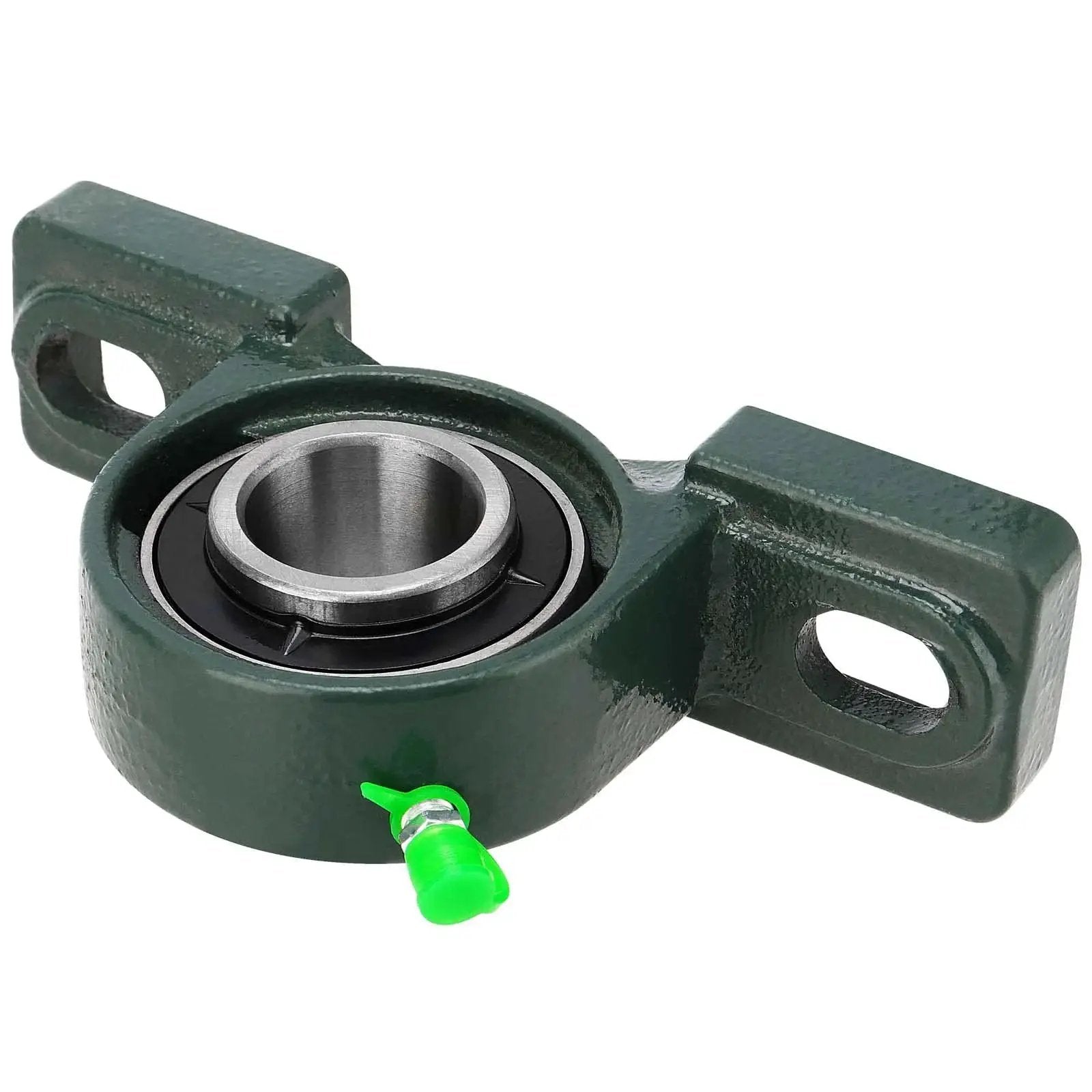 Side view of a Six Piece UCP205 16 1 Inch Pillow Block Bearing Set Heavy Duty Mounted Ball Bearing with solid cast iron base and green set screw lock.