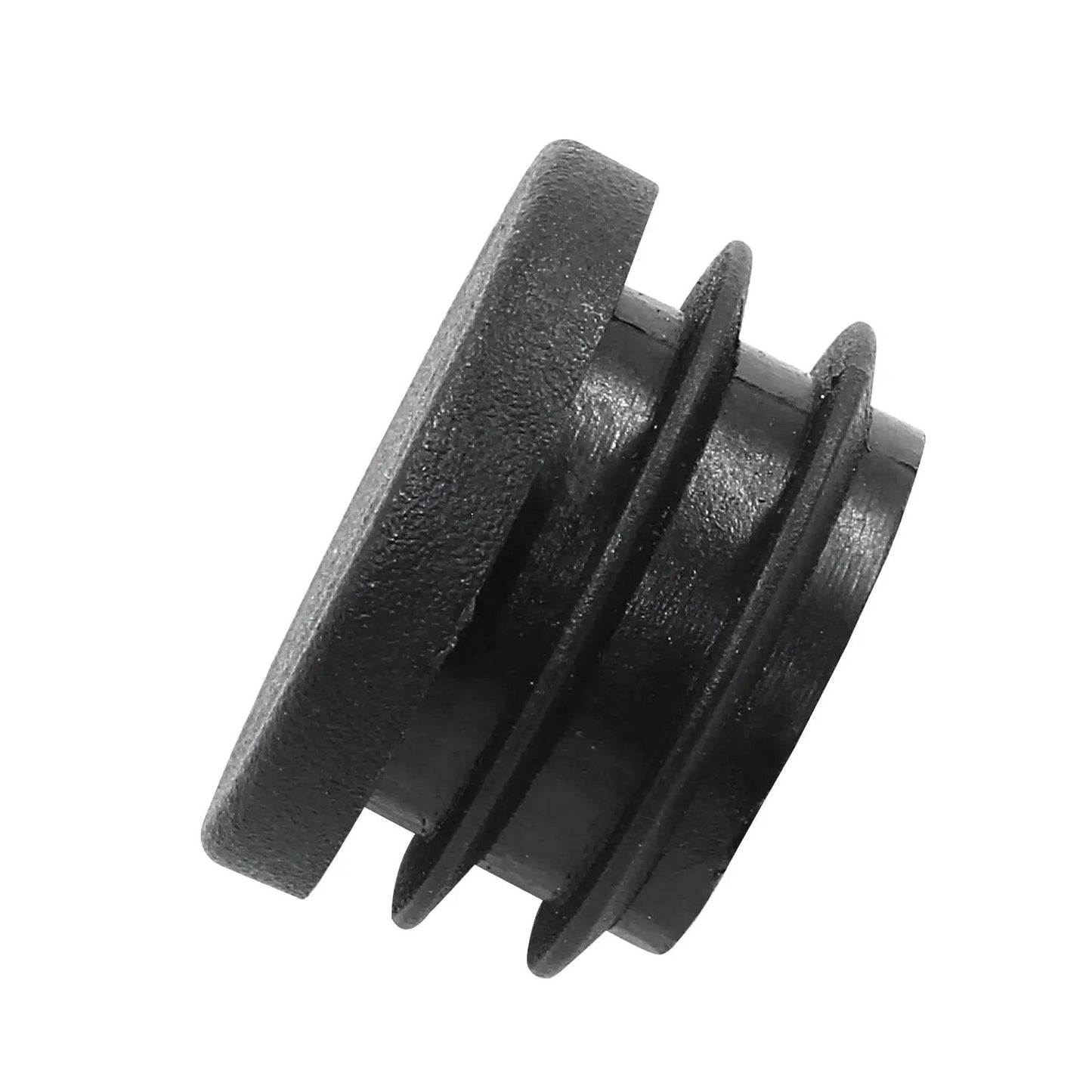Side view of a black round plastic plug end cap from the Twenty Pack Seven Eighths Inch Round Plastic Plug End Caps For Furniture Tubing Fit Inner Diameter 0.78 To 0.82 Inch Black Durable PE Suitable For DIY Projects Home Improvement And Industrial Use.