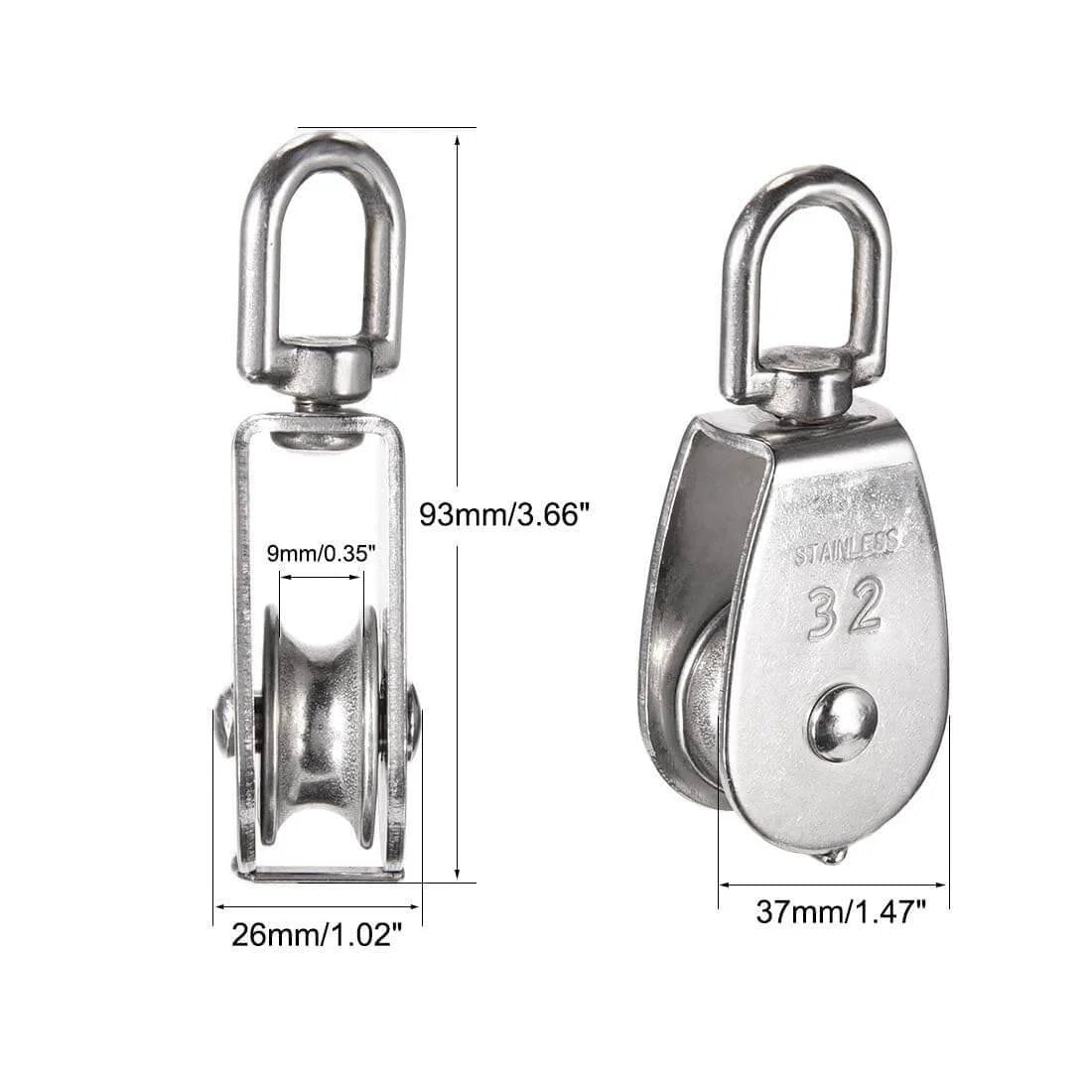 Front and side view of 6 Pack M32 Stainless Steel Wire Rope Crane Pulley Block 551lbs with dimensions and swivel hook