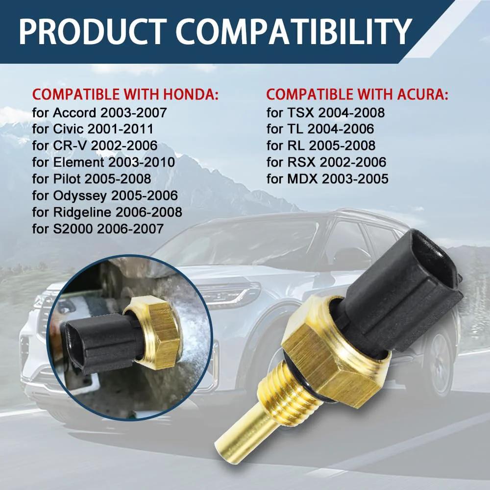 Engine Coolant Temperature Sensor Replacement For Honda Civic Element 2001 2011 And Accord CR V 2003 2007 Direct Fit Water Temperature Sensor Best Value Replaces OEM 37870 PNA 003 And 37870 PLC 004 158 0811 close-up view with product compatibility chart for Honda and Acura vehicles.