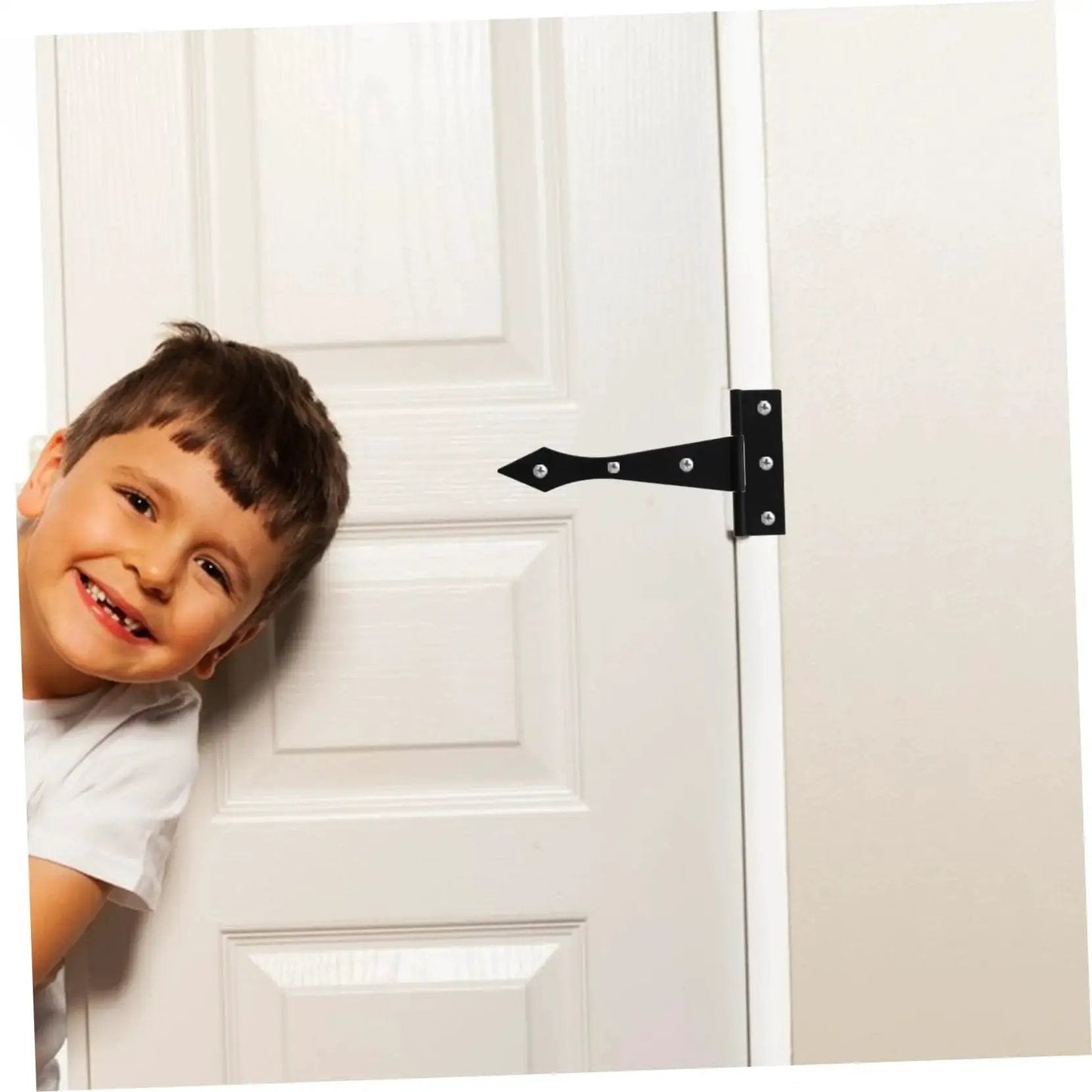 Heavy Duty Iron Cabinet Hinges 8 Pack For Residential Doors installed on white door, ideal for cabinets, cupboards, and outdoor use.