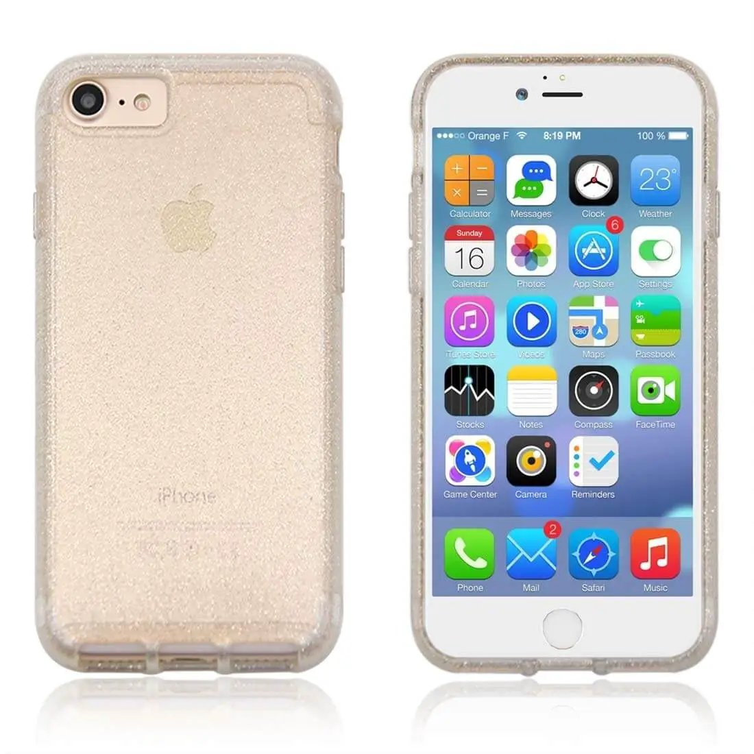 Glittering gold iPhone case displayed with front and back views, highlighting phone screen and protective design.