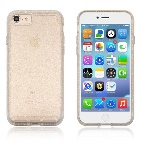 Glittering gold iPhone case displayed with front and back views, highlighting phone screen and protective design.