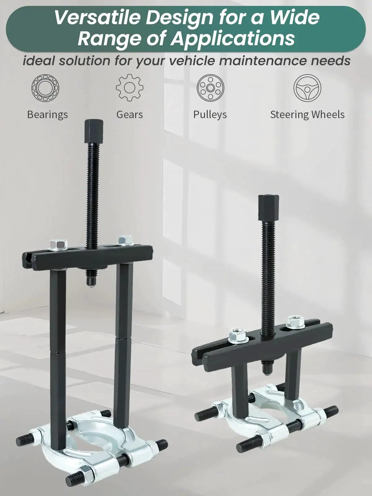 5 Ton Bearing Removal Puller Kit with 2 Inch and 3 Inch Jaws, used for bearings, gears, pulleys, and steering wheels, displayed vertically.
