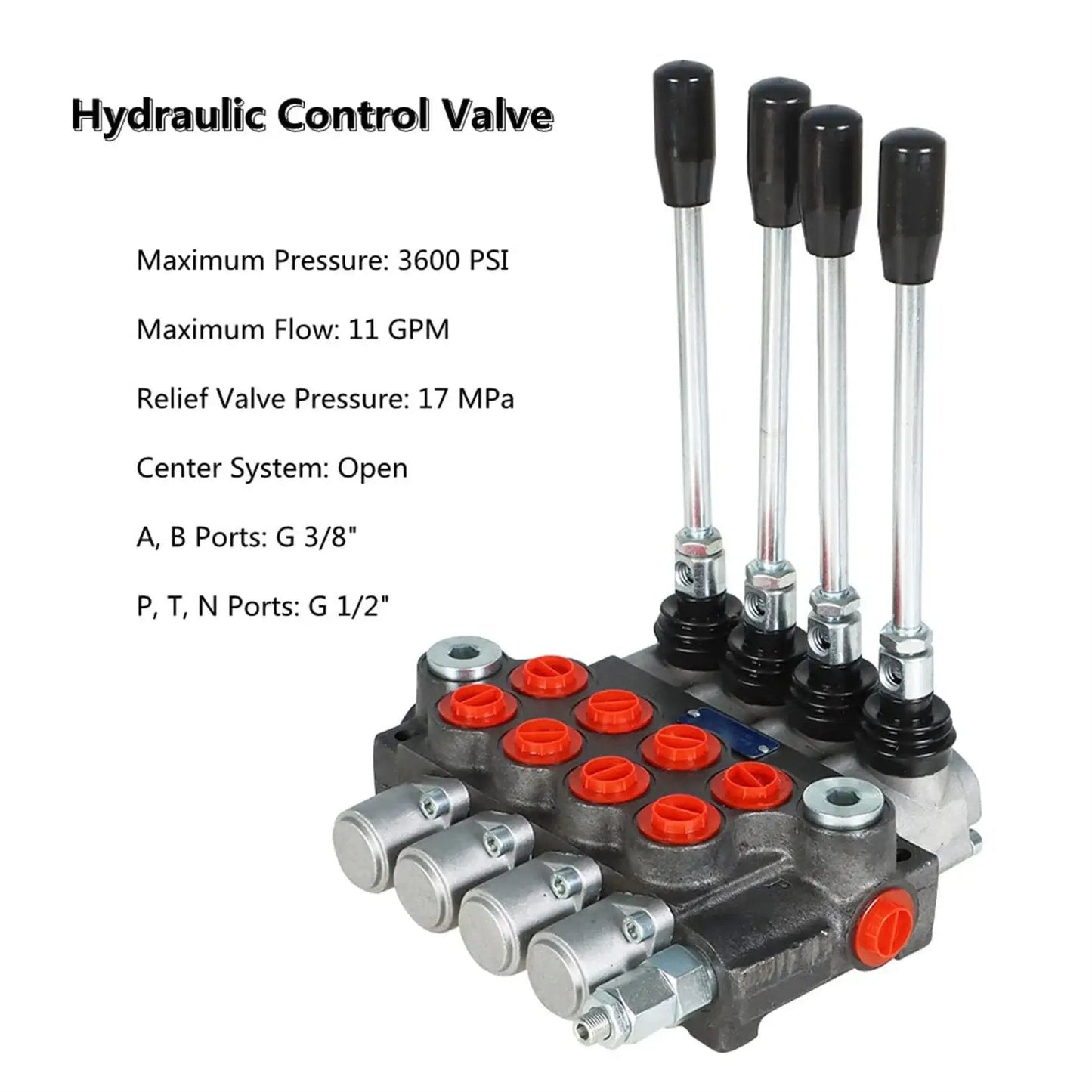 Four Spool Hydraulic Control Valve With 11 GPM Flow, 3600 PSI Max, BSPP Interface; heavy duty cast iron construction, front view