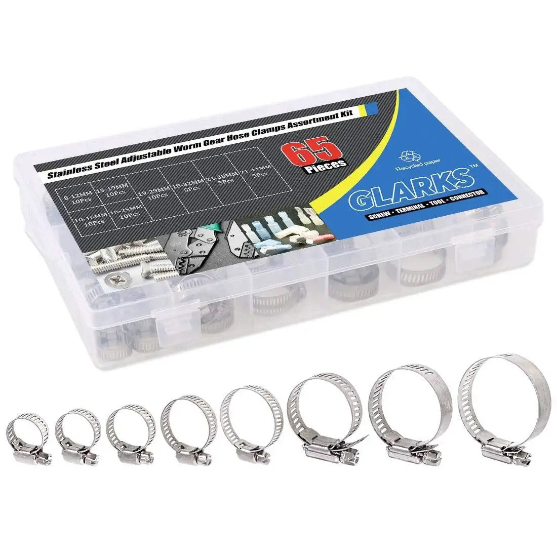 Versatile 65 Piece Set 304 Stainless Steel Adjustable 8 To 44mm Worm Gear Hose Clamp Set with storage box displayed in packaging