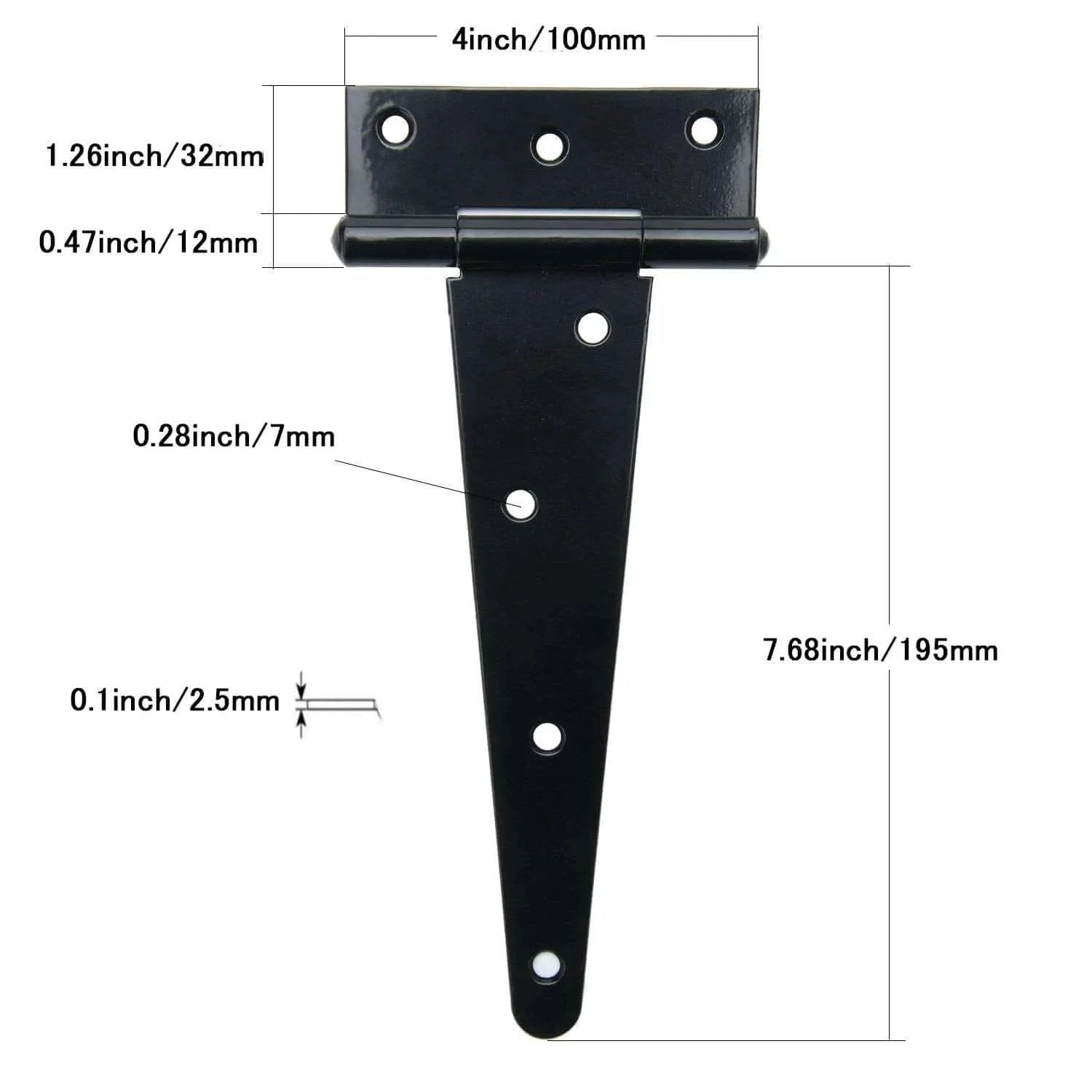 Black 8 Inch T Strap Barn Door Hinges Heavy Duty Gate Hinge Set Wrought Iron Rustproof with dimensions shown