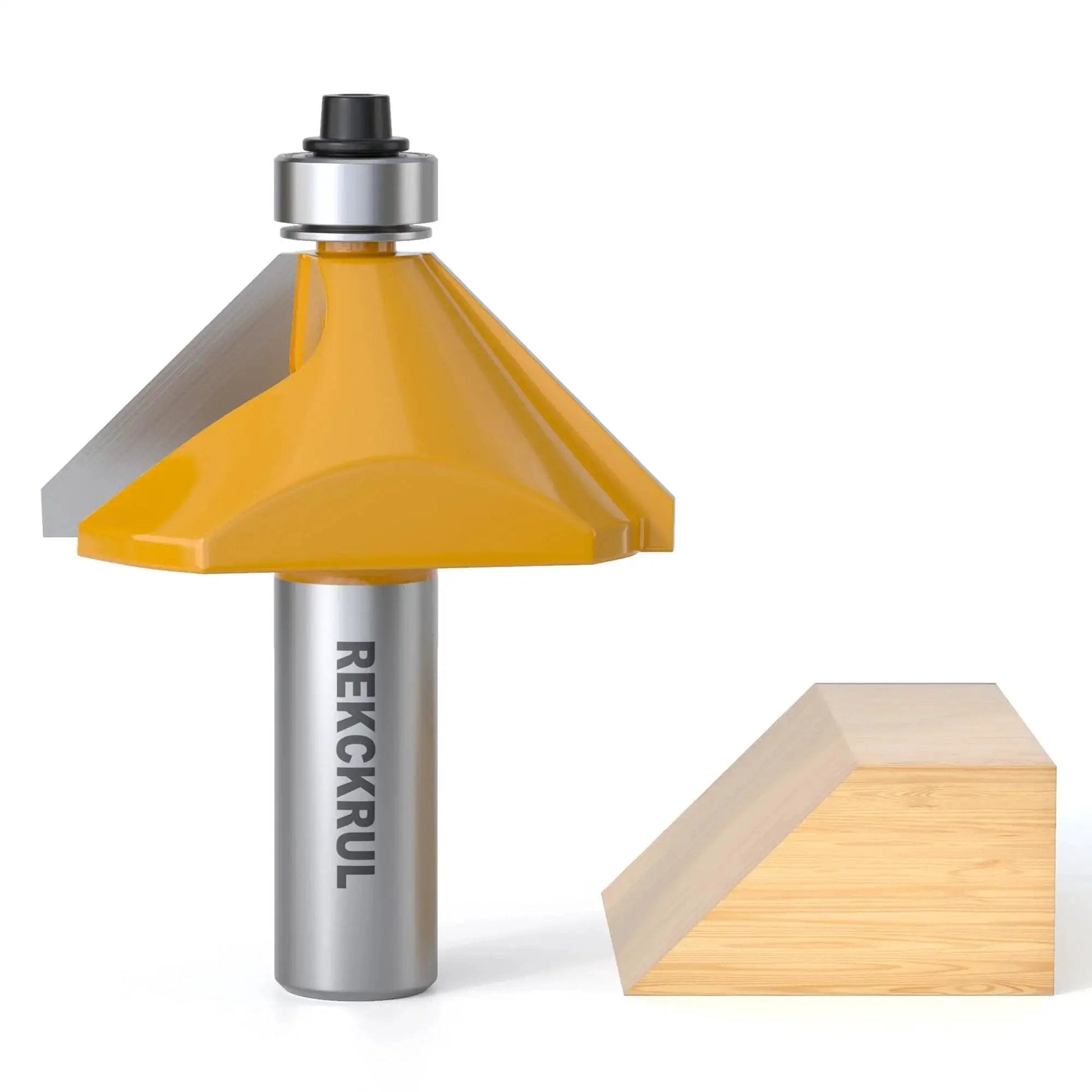 45 Degree Chamfer Router Bit With Bearing, Half Inch Shank, Three Quarter Inch Cutting Length, Carbide Tipped for edge trimming