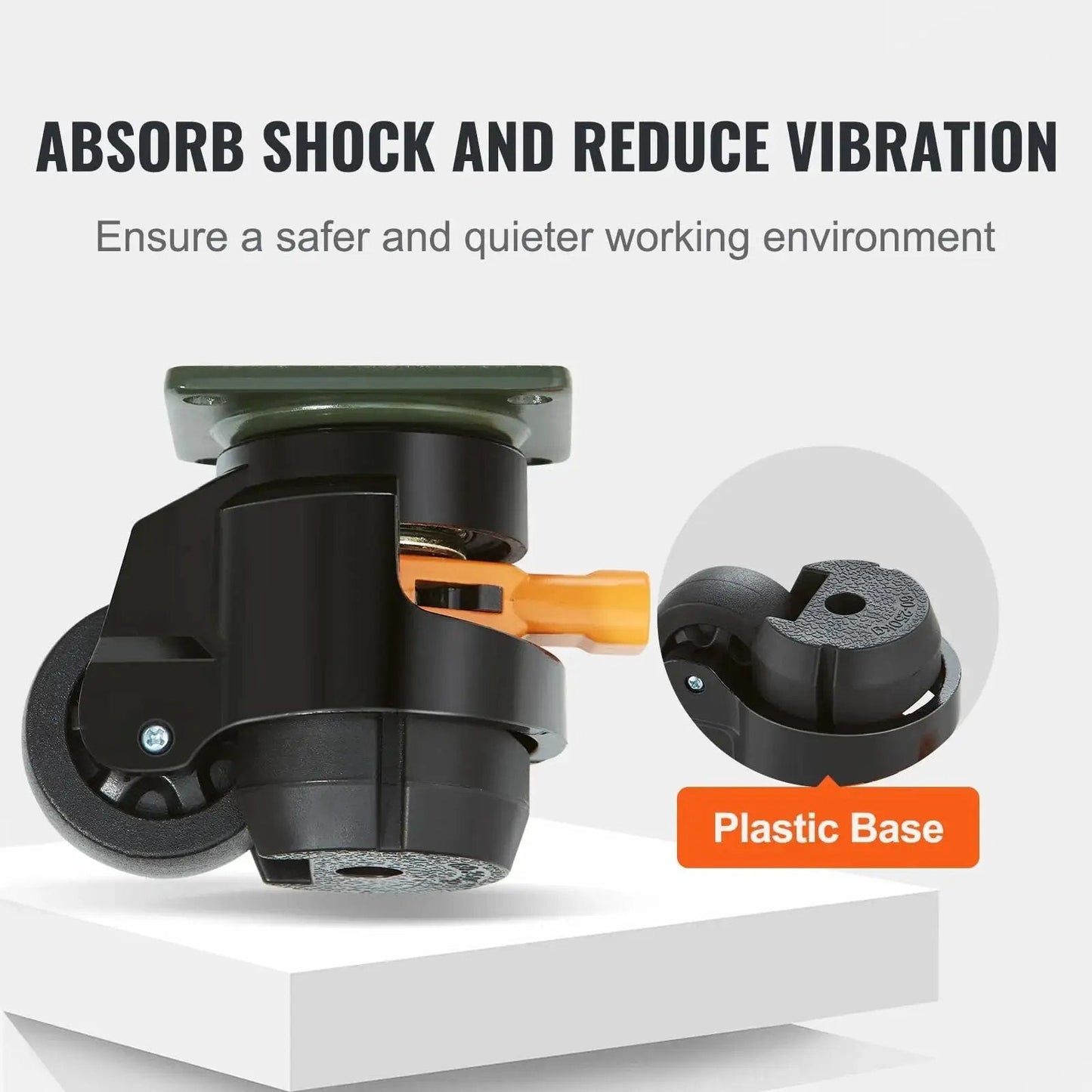 Leveling Casters Set Of 4 With Height Adjustable Handles, Heavy Duty 360 Degree Swivel Wheels, 2 Inch Diameter, 1100 Lb Total Load Capacity, Adjustable Feet For Workbenches And Machines, Smooth Rubber Pads For Stable Rides, showing close-up of caster and plastic base.