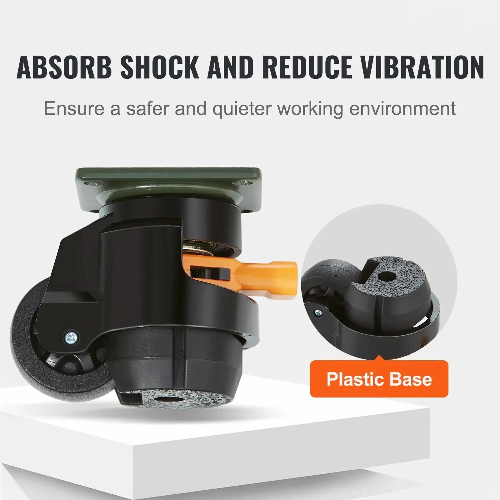 Leveling Casters Set Of 4 With Height Adjustable Handles, Heavy Duty 360 Degree Swivel Wheels, 2 Inch Diameter, 1100 Lb Total Load Capacity, Adjustable Feet For Workbenches And Machines, Smooth Rubber Pads For Stable Rides, showing close-up of caster and plastic base.