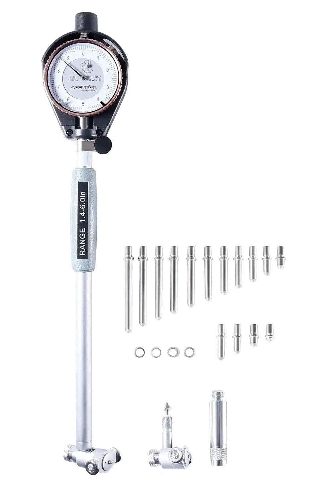 Dial Bore Gauge Set With 1.4 To 6 Inch Range And 0.0001 Inch Graduation, Carbide Tips For Long Wear, Bezel Lock For Easy Zero Setting